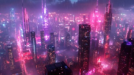 Futuristic Neon lit Anime Cityscape with Towering Skyscrapers at Night