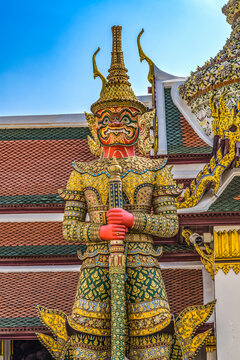 Red guardians statue, Grand Palace, Bangkok, Thailand. Palace was home of King of Thailand from 1782 to 1925