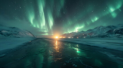Naklejka premium Aurora Borealis Over Frozen Lake and Mountains - Night Sky Photography