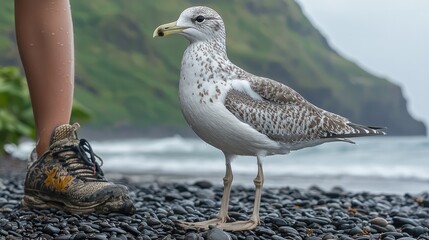 Seagull on rocky beach with human foot in sneaker