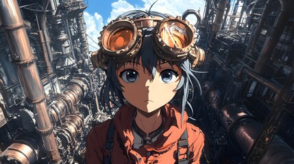 Steampunk Anime Character in Mechanical Workshop with Gears and Goggles
