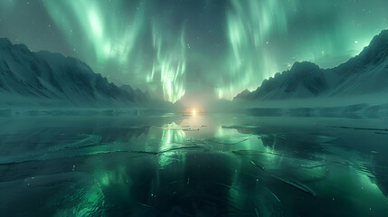 Aurora Borealis Over Frozen Lake Illustration