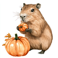 Fototapeta premium Cute capybara holding orange pumpkin. Adorable capybara with pumpkin and autumn leaves. Trendy autumn sticker, print, card design. Watercolor illustration isolated on white background