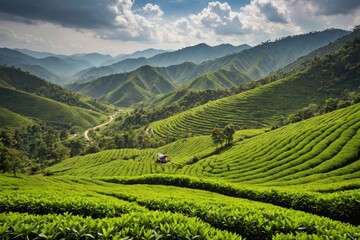 Obraz premium Landscape tea plantation of Cameron in Malaysia with blur foreground