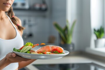 Healthy plate with salmon and vegetables held by woman