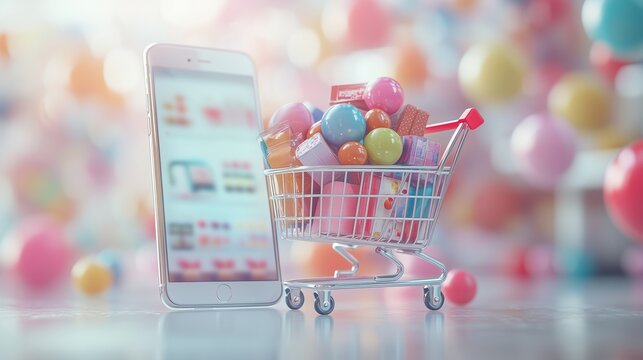 A smartphone is displayed an e-commerce website next to a shopping cart filled with gift boxes, symbolizing the concept of online shopping and e-commerce in a pastel color background.