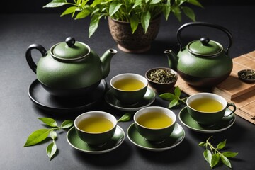 Asian Tea Set -  iron teapot and ceramic teacups with green tea and leaves