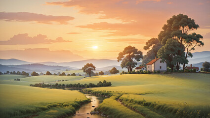 Fototapeta premium Sunrise over a grassy field with a tree, hills, and a hazy sky