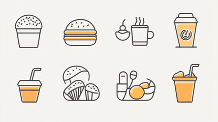 “A clean and minimalist collection of food and drink line icons, including bread, burger, coffee, soda, fruit, ice cream, steak, pizza, salad, and tea. These icons are ideal for web design, apps, 