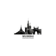 Naklejka premium Mumbai panorama, vector badge, skyline logo and icon. India, Maharashtra state city horizon logotype with landmarks and building silhouettes. Isolated foggy abstract gradient graphic