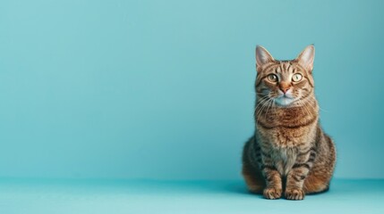 Obraz premium A lovely Domestic Non-Pedigreed cat on a light blue backdrop, showcasing its natural beauty with ample copy space perfect for text or creative layouts.