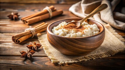 Rustic wooden spoon stuck in creamy rice pudding scattering fragrant cinnamon powder rich warm earthy tones cozy comforting atmosphere warm golden light