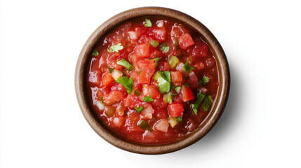 “Top view of a bowl of Mexican salsa sauce, isolated on a white background. The vibrant and chunky salsa is presented in the bowl, highlighting its fresh ingredients and colorful appearance.”

