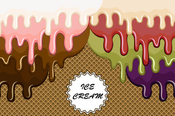 Creme streaks on a waffle background.Vector illustration with colorful ice cream drips on a waffle background.