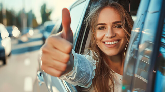 Young happy woman driving a car and showing thumb up. car sharing, buying a car, car insurance, driving school, auto repair shop, roadside assistant promotion