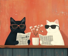 Two cats wearing sunglasses reading newspaper and drinking coffee