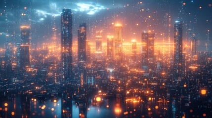 Fototapeta premium Futuristic Cityscape with Glowing Lights and Reflections