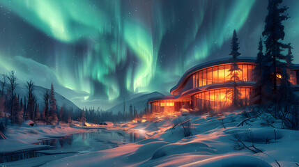 Modern House Under Aurora Borealis - Winter Landscape Illustration
