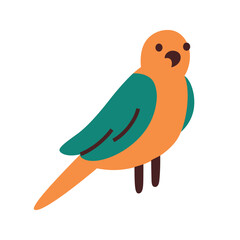 Vector illustration of a cute yellow and green parakeet with colorful feathers. Cartoon flat style, perfect for pet and bird themes. Budgie, cockatiel, lovebird icon. Animal lovers and aviary concept
