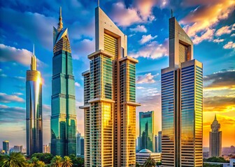 Fototapeta premium * Panoramic view of Dubai's iconic Jumeirah Emirates Tower, revealing intricate architectural details in bold colors and dynamic textures.