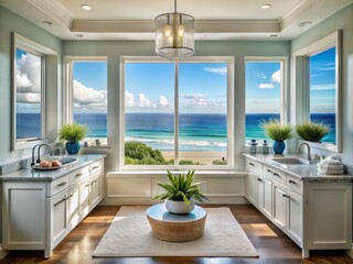 Fototapeta premium Rejuvenate in this serene oceanfront haven, bathed in natural light, surrounded by calming blues and greens, and infused with the soothing essence of the seaside.