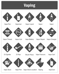 A set of 20 vaping icons as vape pen, vaporizer, vapor liquid