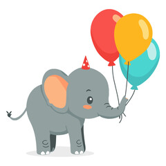 Elephant with Balloons. Flat Vector Illustration
