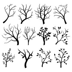 Obraz premium Intricate Tree Branches Silhouette Set with Detailed and Natural Design | Elegant and Versatile | Flat Vector Illustration