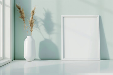 A digital wall home interior blank photo frame mockup displaying and natural elements, 3d render 