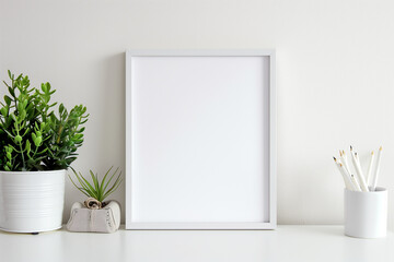 A digital home interior blank photo frame mockup displaying and natural elements, 3d render 