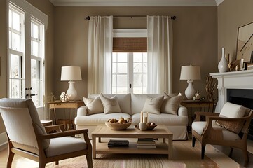 Fototapeta premium Winter theme oak living room interior design with christmas decorations