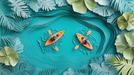 Tranquil Tropical Lagoon Kayaking Adventure with Copy Space, Paper Art Composition in Vivid Blues and Greens for Travel Concepts, Generative Ai