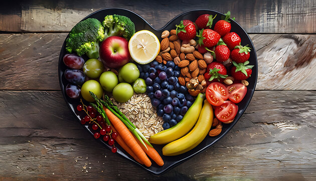 Healthy nutrition as advised by nutritionists and doctors for patient wellbeing is eating with fresh fruits and vegetables, in heart dishes. This includes cholesterol diets. - Powered by Adobe