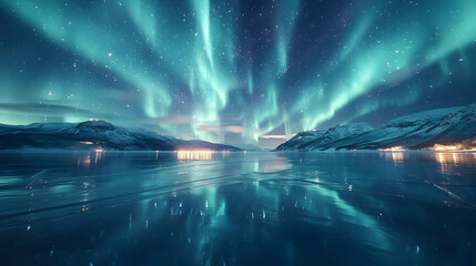 Night Sky with Aurora Borealis Over a Frozen Lake - Landscape Photography