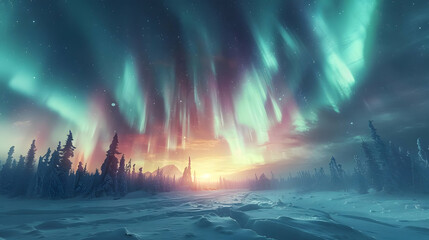 Fototapeta premium Aurora Borealis Over Snowy Forest Illustration
