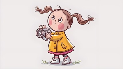 A young girl holding a camera for photography. vector illustrations. a picture intended for younger audiences. Happy, smiling little girl.