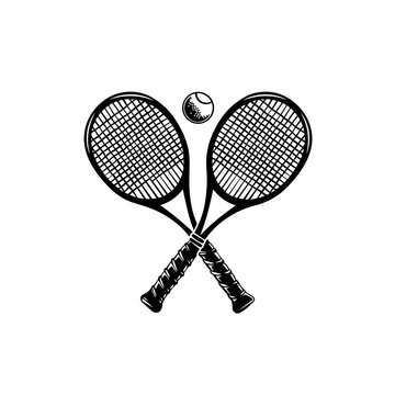 Crossed tennis rackets with ball on white background