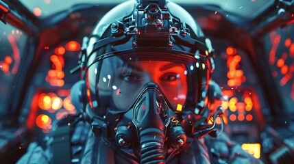 Close-up of a Pilot Wearing a Futuristic Helmet and Gas Mask in a Cockpit