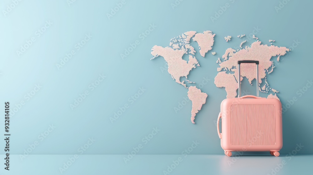 Wall mural Modern 3D Suitcase with World Map Projection in Soft Focus Background for Travel Concept with Copy Space, Generative Ai