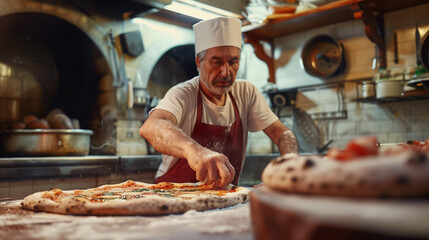 A pizzaiolo chef is preparing a pizza in the kitchen, carefully adding ingredients, capturing the atmosphere of an authentic Italian pizzeria