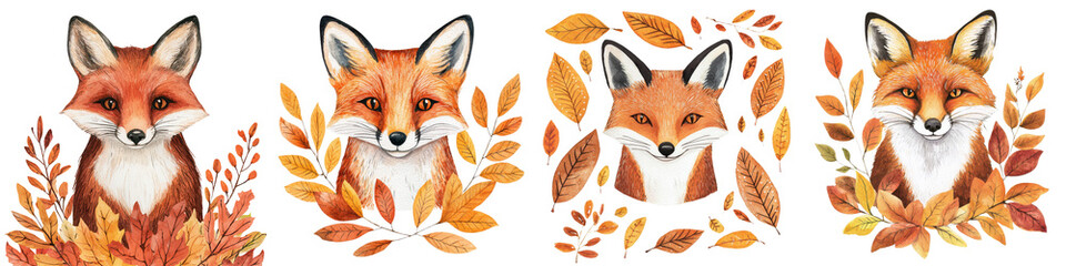 Fototapeta premium Colorful illustrated foxes surrounded by autumn leaves, perfect for seasonal themes in design and decor.