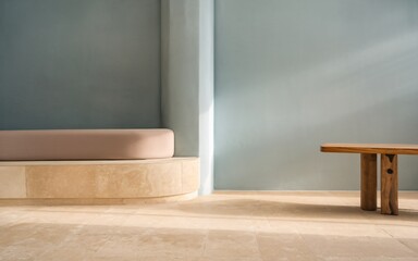 Fototapeta premium Serene Floor and Wall Background: Soft, Muted Colors with Minimalist Decor for a Calm Promotion Ad
