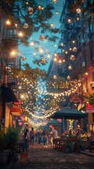 Charming evening street scene with warm string lights and people enjoying outdoor dining, creating a festive and cozy atmosphere.