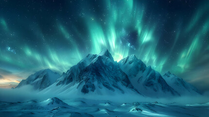 Fototapeta premium Mountainous Landscape Under the Aurora Borealis Illustration