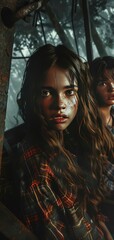 Obraz premium Moody portrait of young girls in forest, diffused light, intense expressions, vintage plaid clothing, natural setting.