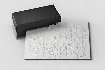 White Box, Blank Puzzle game Mockup with Box, Clear Jigsaw pieces, big board tempelate, puzzle packaging 3D Rendered Isolated on a light background