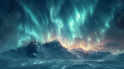 Fototapeta premium Snowy Mountain Landscape with Northern Lights Illustration