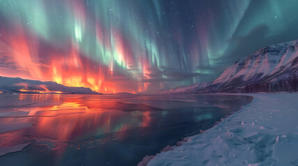 Obraz premium Northern Lights Reflecting in Frozen Lake - Landscape Photography