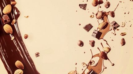 Fototapeta premium Nuts and chocolate splash, food dessert and confectionery industry