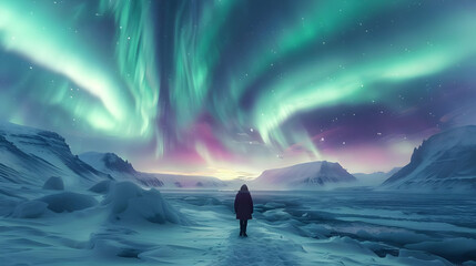 Obraz premium Aurora Borealis Over Snowy Mountains - Landscape Photography